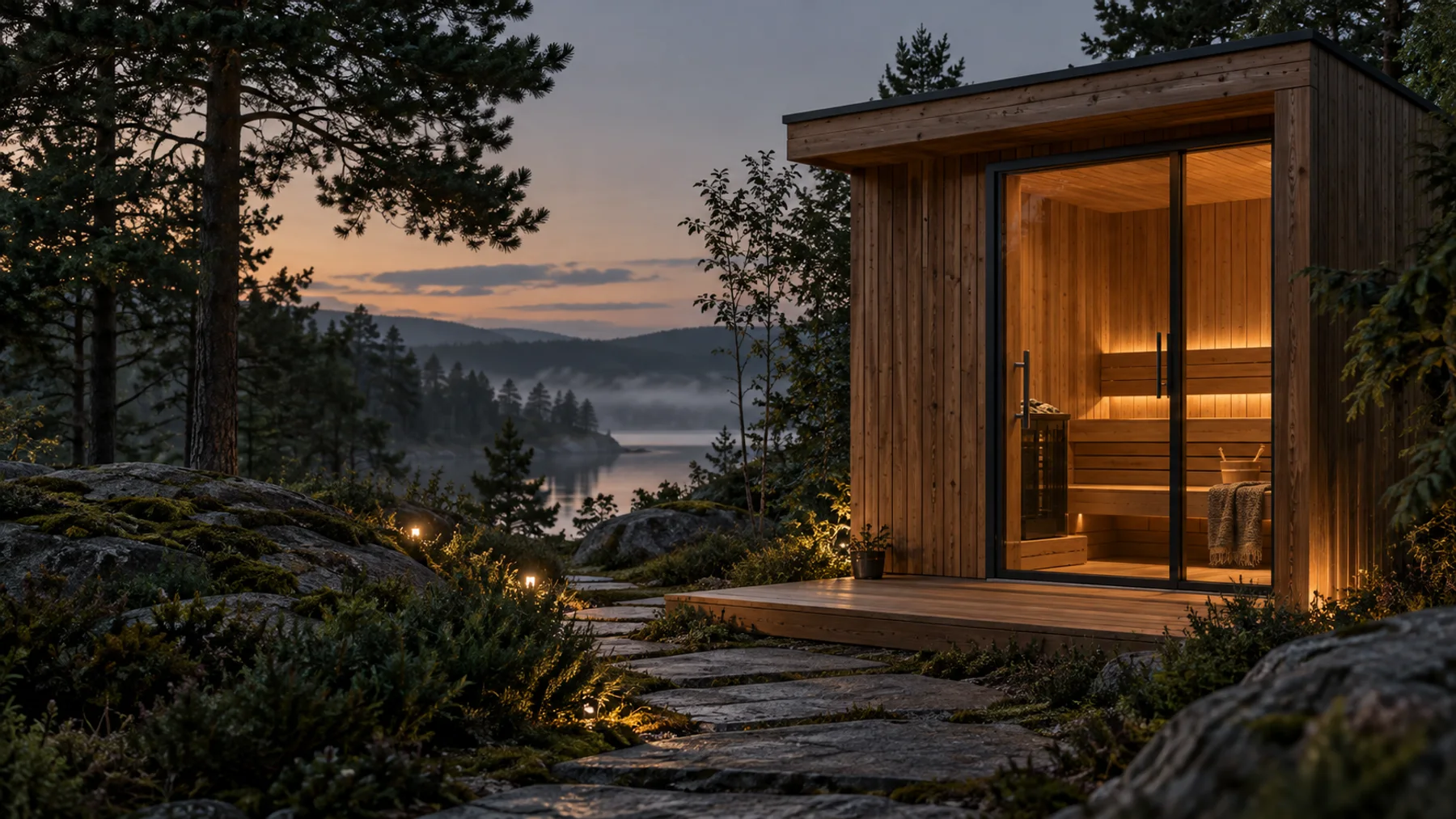 Concept illustration of a timber garden sauna at dusk